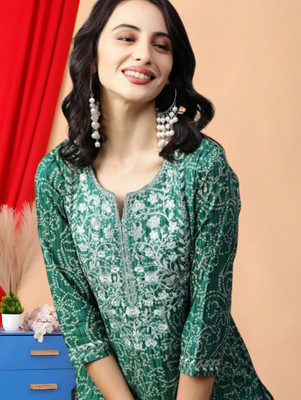 Nibhao Women Printed Straight Kurta(Green)
