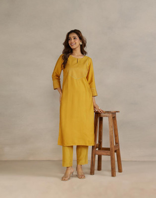 Fabindia Women Embroidered Straight Kurta(Yellow)