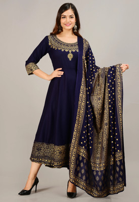aerotick Women Printed Anarkali Kurta(Dark Blue)