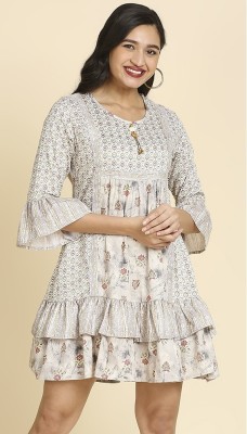 Madhuram Women Printed A-line Kurta(White, Grey)