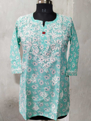 Aqsha Chikan Handicraft Women Chikan Embroidery A-line Kurta(Light Blue)