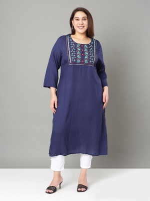 Sztori Women Embroidered A-line Kurta(Dark Blue)