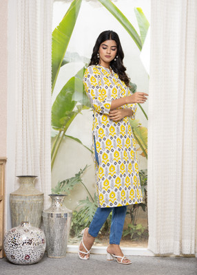 Mauka Women Printed Straight Kurta(Yellow)