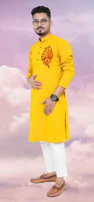Mamta fab Men Printed Straight Kurta(Yellow)