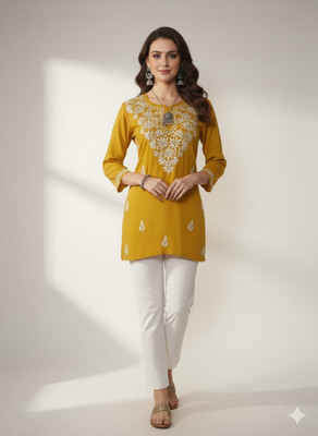 The Chikankari Story Women Chikan Embroidery Straight Kurta(Yellow)