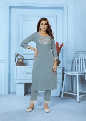 rujave Women Embroidered A-line Kurta(Blue)