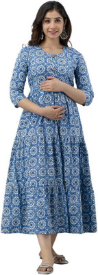 CHARNEST Women Printed Flared Kurta(Blue)