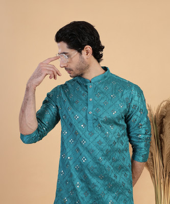 CHIRASVI Men Embroidered Straight Kurta(Blue)