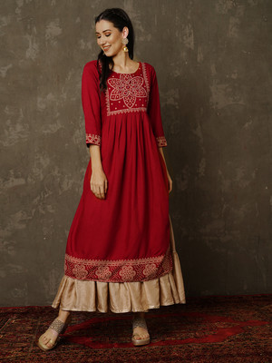 Indo Era Women Embroidered A-line Kurta(Red, White)