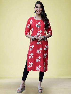 Moda Rapido Women Floral Print Straight Kurta(Red)