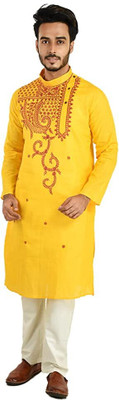 das saree Men Embroidered Straight Kurta(Yellow)