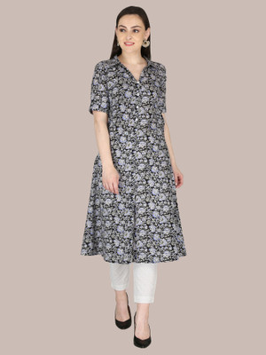 Kriftee Women Printed A-line Kurta(Black)