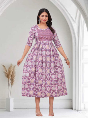 Gora Laxmi Women Printed Anarkali Kurta(Purple)
