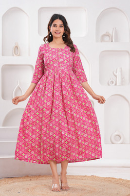 HOUSE OFF COMMON Women Printed Anarkali Kurta(Pink)