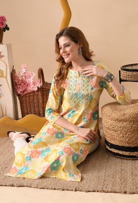 PHYSIL Women Printed Straight Kurta(Yellow)