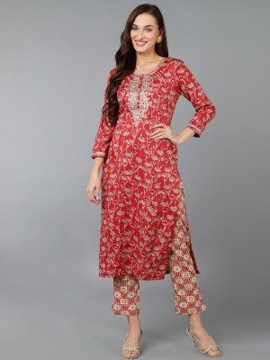 AHIKA Women Embroidered Straight Kurta(Red)