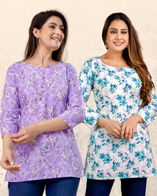 WULAMIA Women Floral Print A-line Kurta(Purple, Blue)