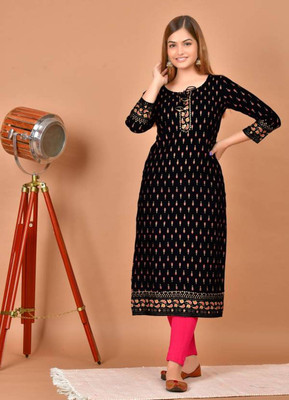Luggit Women Printed Straight Kurta(Black)