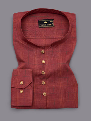 french crown Men Checkered Straight Kurta(Red)
