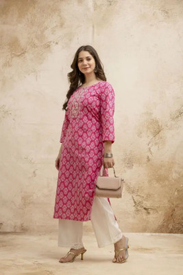 AURIPRX FASHION Women Embroidered, Printed Straight Kurta(Pink)