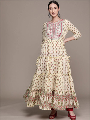 CHARVI CREATION Women Printed, Embroidered Flared Kurta(Beige)