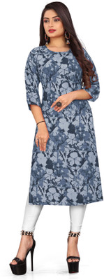 zindora Women Printed Straight Kurta(Grey)