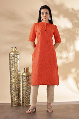 ANOUK Women Striped Straight Kurta(Orange)