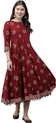 Anitagarment Women Printed Flared Kurta(Maroon)