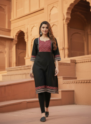 ARIBALADIES FASHION Women Printed A-line Kurta(Black)