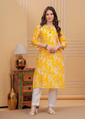 Anmi Floral Print Women Straight Kurta(Yellow)