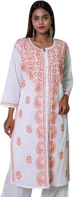 INDICRAFT Women Chikan Embroidery Frontslit Kurta(Orange)