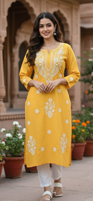 CHIKANKRI Women Chikan Embroidery Straight Kurta(Pink)