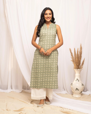 FIORRA Women Printed Straight Kurta(Green)