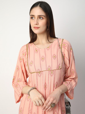 R&B Women Printed A-line Kurta(Pink)
