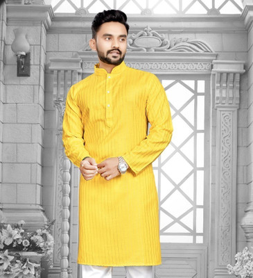 Tezys Men Striped, Self Design Straight Kurta(Yellow)