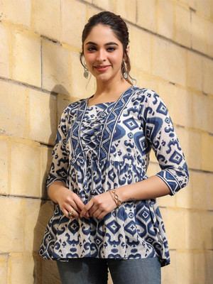 AnushreeEthnics Women Printed Flared Kurta(Blue)
