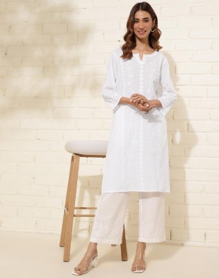 Fabindia Women Embroidered Straight Kurta(White)