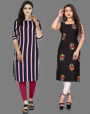 tanvi creation Women Striped Straight Kurta(Black, Purple)