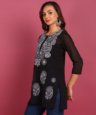 TOP N THREAD Women Chikan Embroidery, Embroidered, Self Design A-line Kurta(Black)