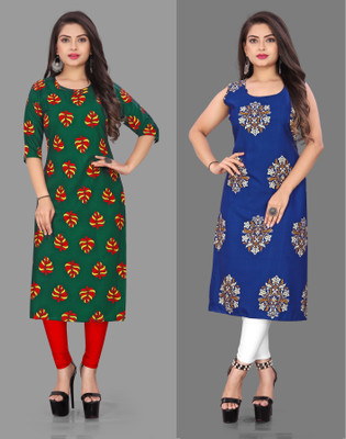 Hiral Creation Women Floral Print Straight Kurta(Blue, Green)