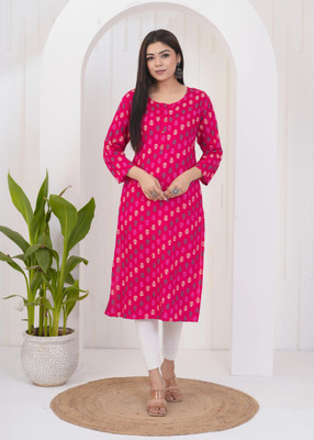 Zwc Women Printed Straight Kurta(Pink)