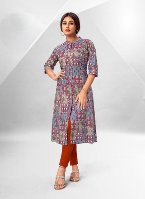 ABHI FAB Women Printed Straight Kurta(Blue)