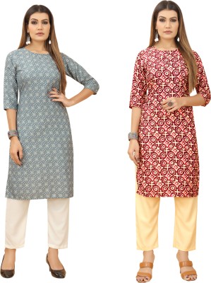 Gitanjali Trend Women Printed Straight Kurta(Maroon, Grey)