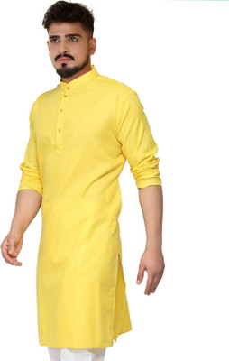 omkar Men Solid Straight Kurta(Yellow)