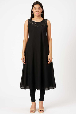 Coolordrops Women Solid, Embellished, Embroidered A-line Kurta(Black)