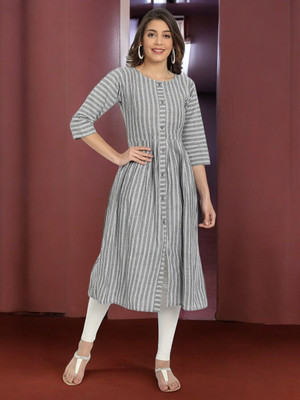 Ladylaz Women Striped Straight Kurta(Grey)