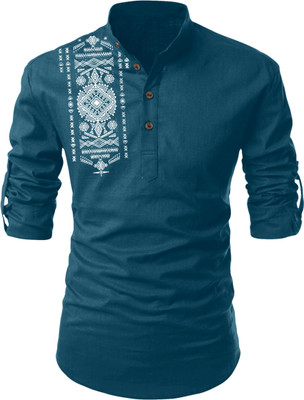 FINFOL Men Self Design Straight Kurta(Dark Blue)