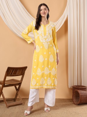 Poshak Chikan Studio Women Embroidered Straight Kurta(Yellow)