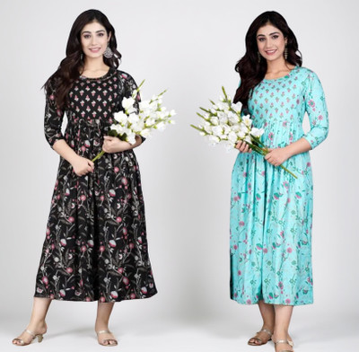 SANTOSHCREATION Women Floral Print Anarkali Kurta(Pink, Blue)