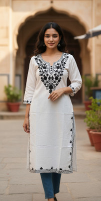 IGE Women Embroidered A-line Kurta(White)